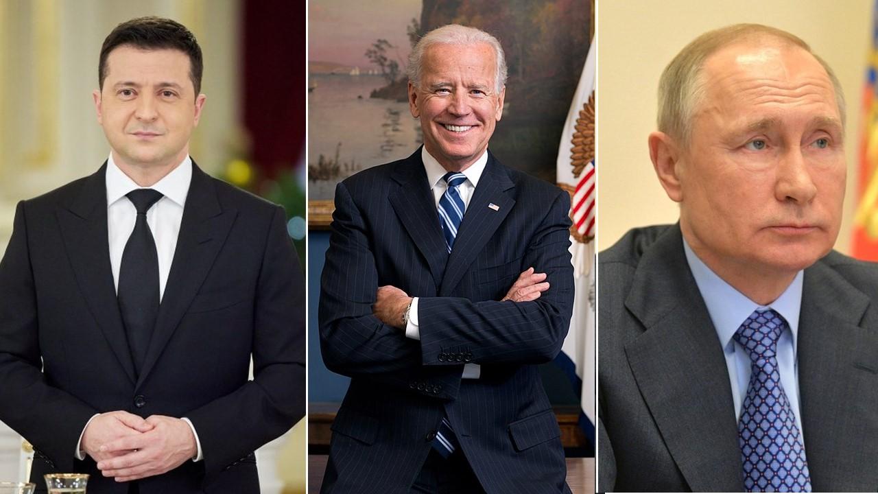 Volodymyr Zelensky, President Biden, and Vladimir Putin