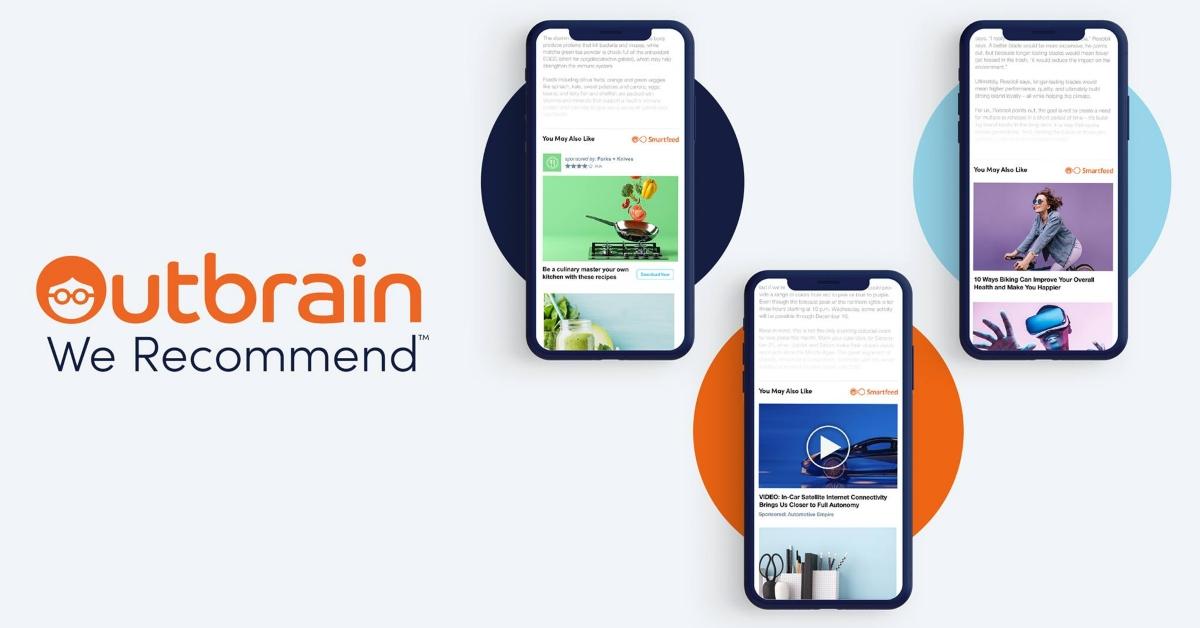 Outbrain logo and three smartphones with the app
