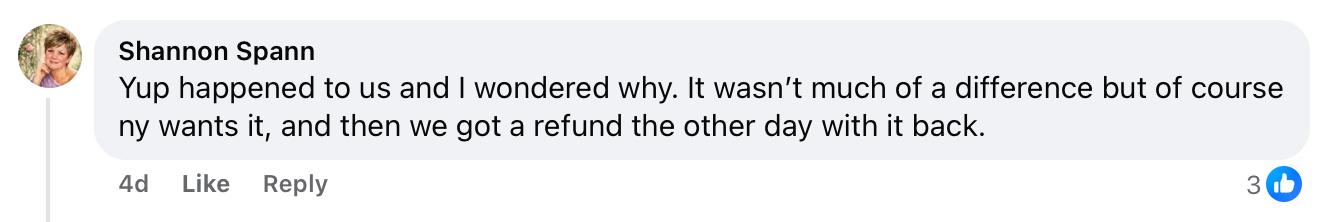 Comment on Facebook post regarding NY tax form error.