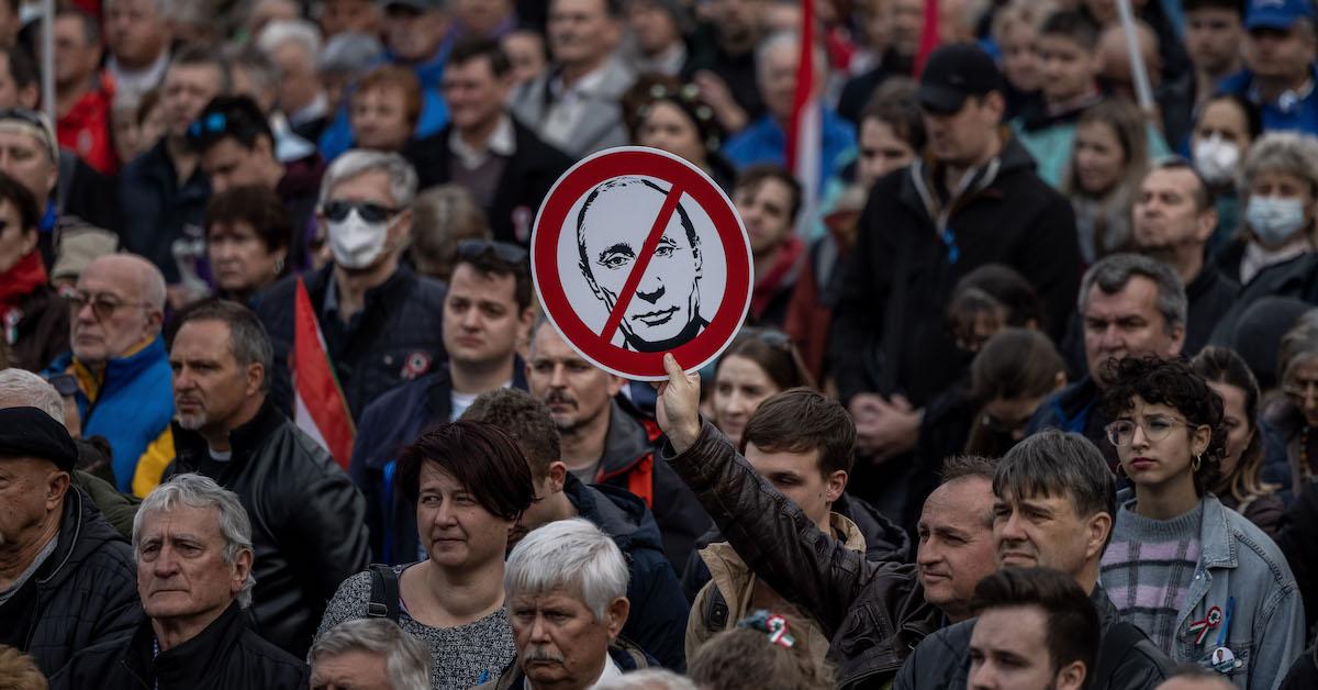 People at an anti-Putin protest in Budapest, Hungary