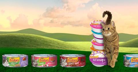A cat with Friskies canned food