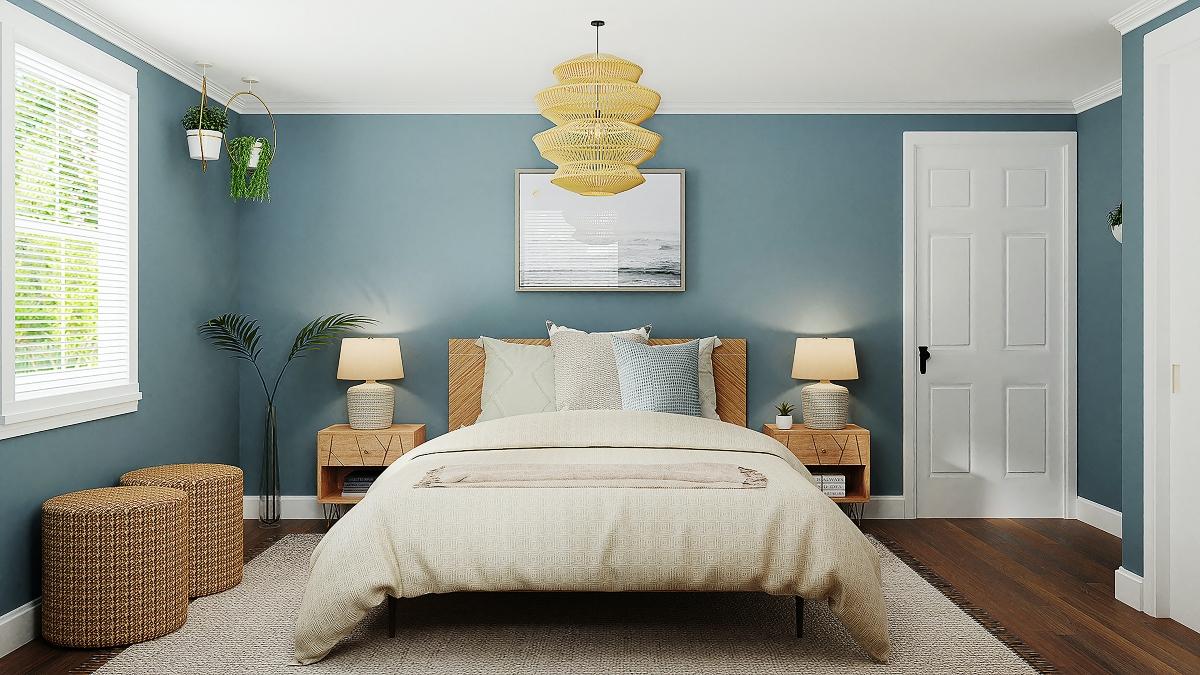 A bedroom with blue walls