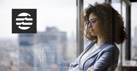 A business woman and the Aptos logo