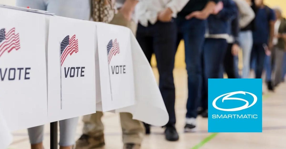 People line up behind a table to vote.