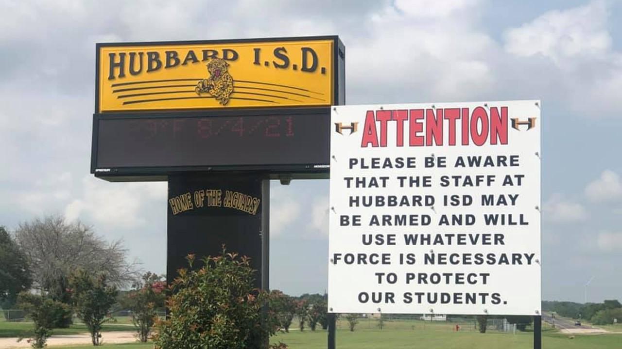 A sign posted outside of Hubbard I.S.D. in Hubbard, Texas