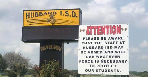A sign posted outside of Hubbard I.S.D. in Hubbard, Texas