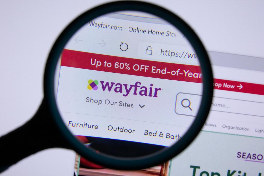 A magnifying glass over the Wayfair logo on the website