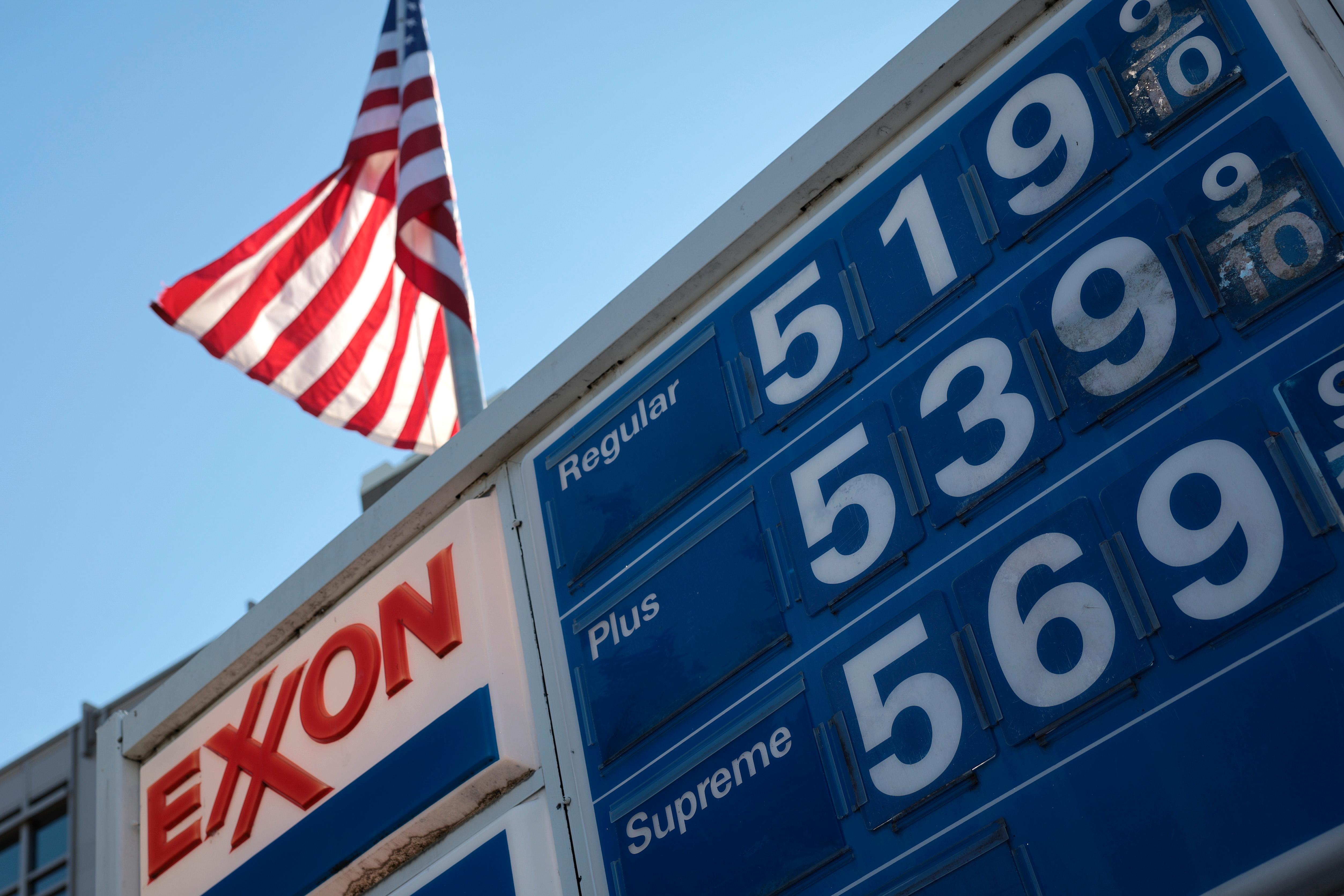 Gas prices dispalyed at an Exxon gas station