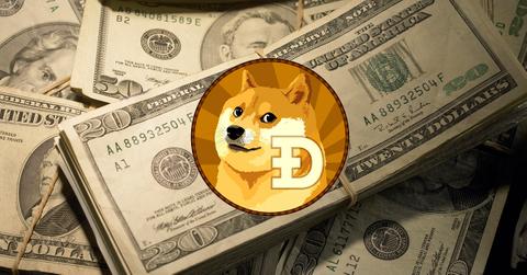 Dogecoin and dollar bills.