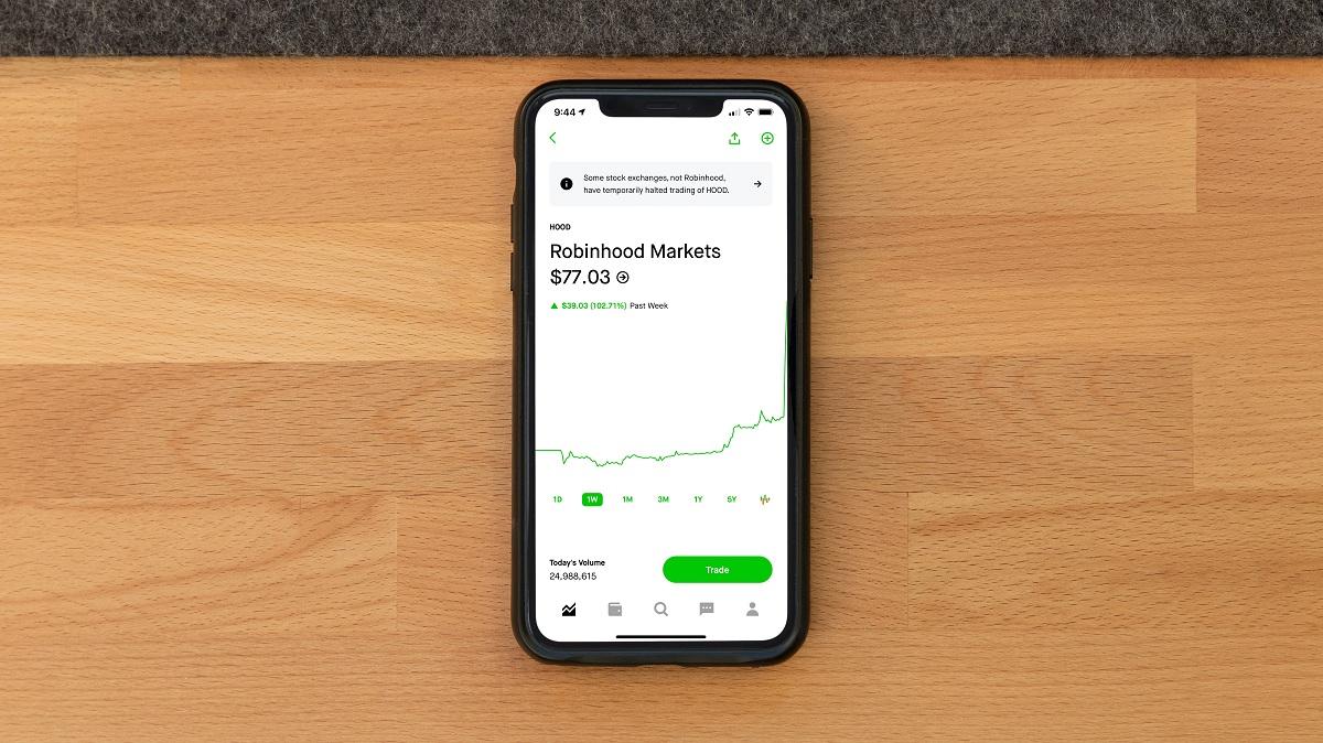 A smartphone displaying a Robinhood Markets price chart