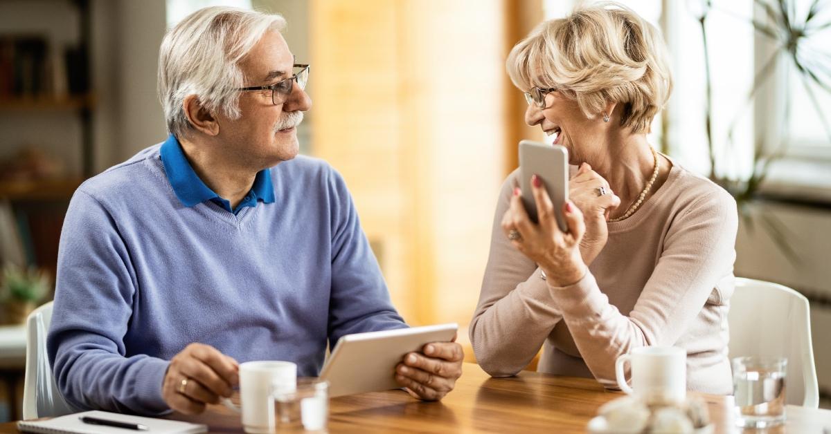 An elderly couple talking