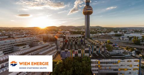 Vienna power company Wien Energy logo over Vienna cityscape