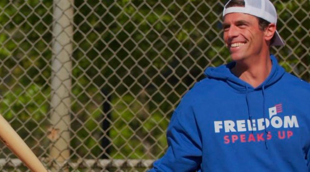 Seth Weathers in a blue Freedom Speaks Up hoodie