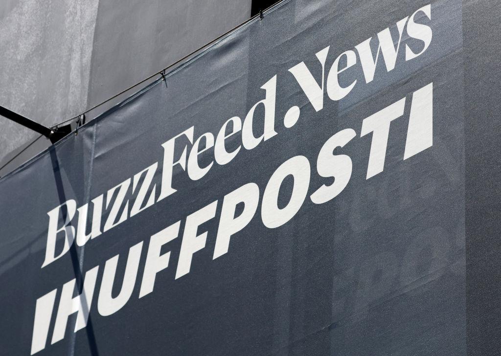 A view of BuzzFeed offices displaying the 'BuzzFeed News' and 'HuffPost' logos in the Hollywood neighborhood on April 20, 2023