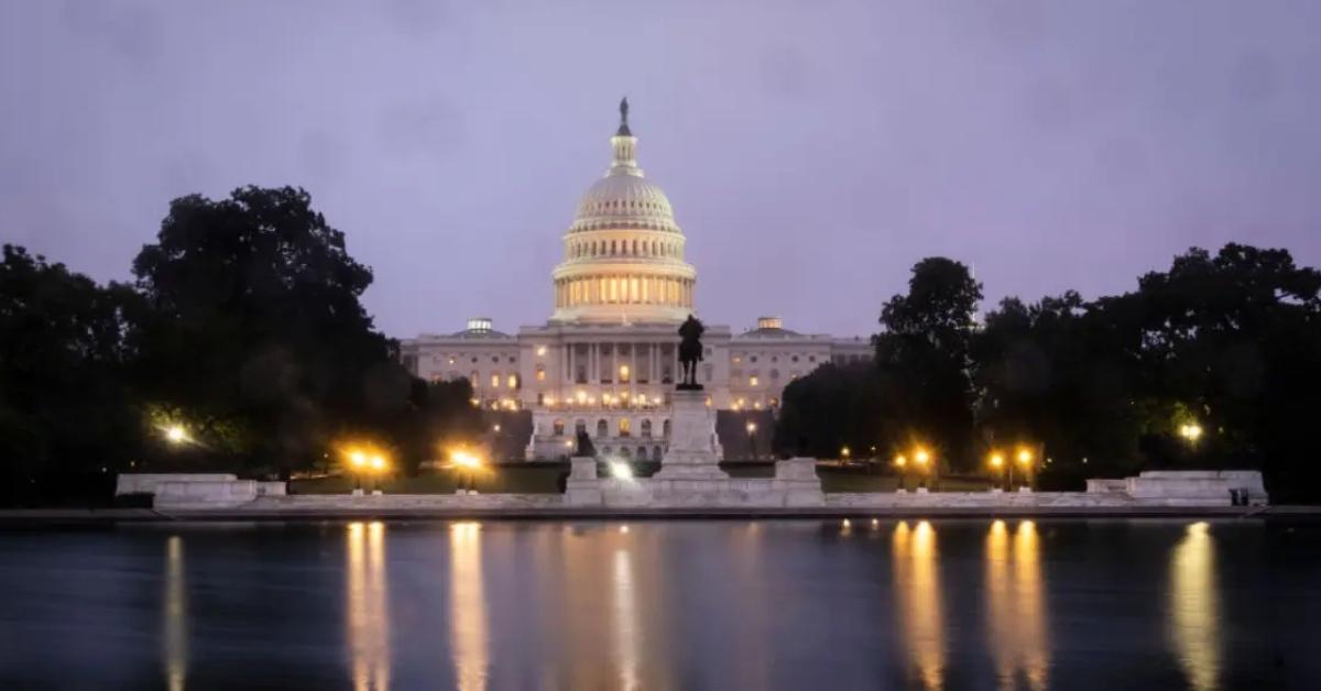 The U.S. Capitol at night.