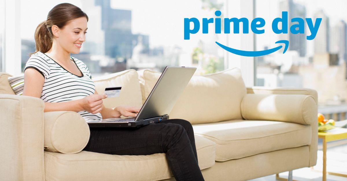 A woman shopping online and the Amazon Prime Day logo