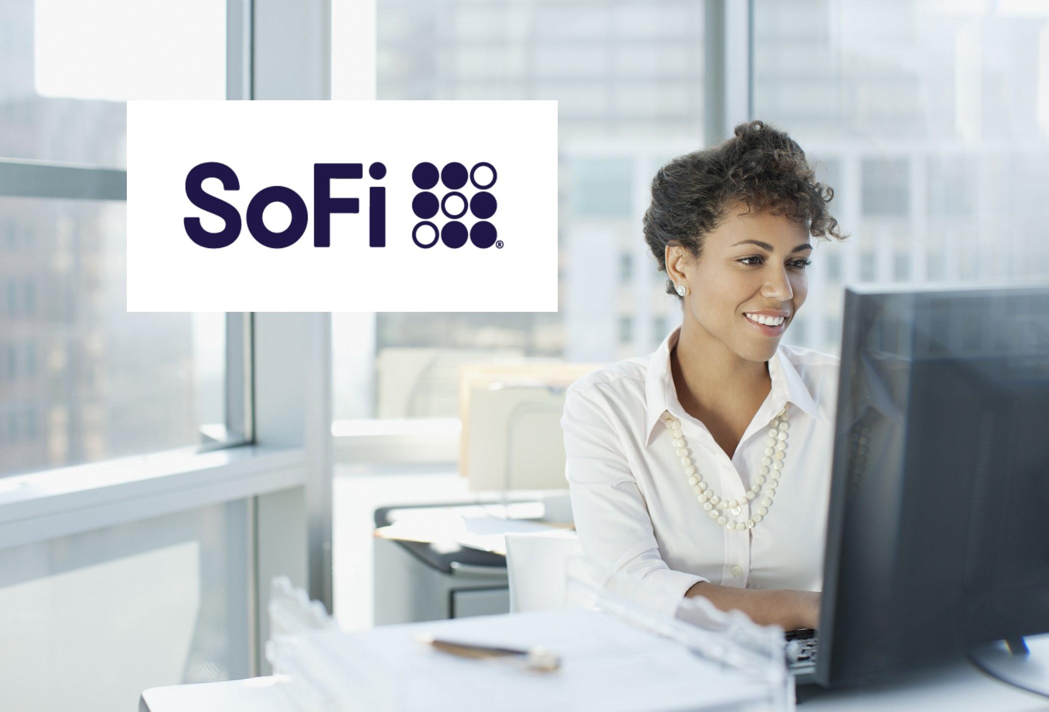 SoFi logo over woman working on computer