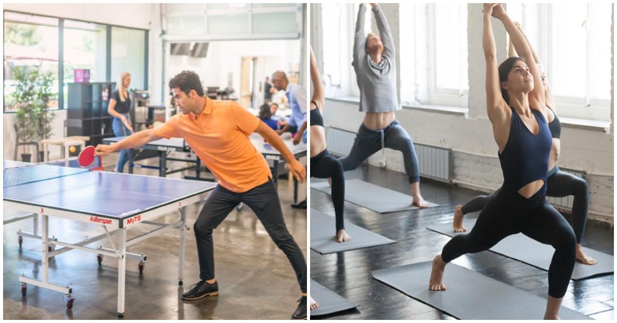 Mint Mobile employees playing table tennis and doing yoga.