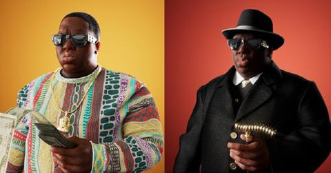 Biggie in black suit and colorful sweater