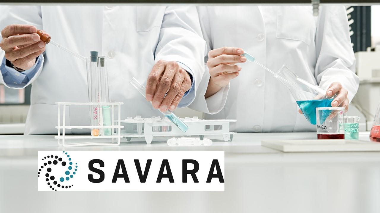 Scientists in a lab and the Savara logo