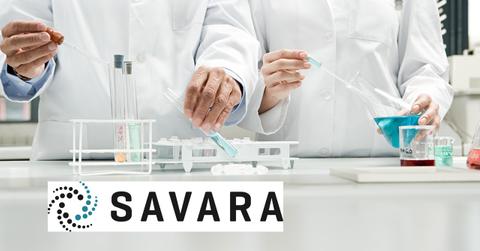 Scientists in a lab and the Savara logo