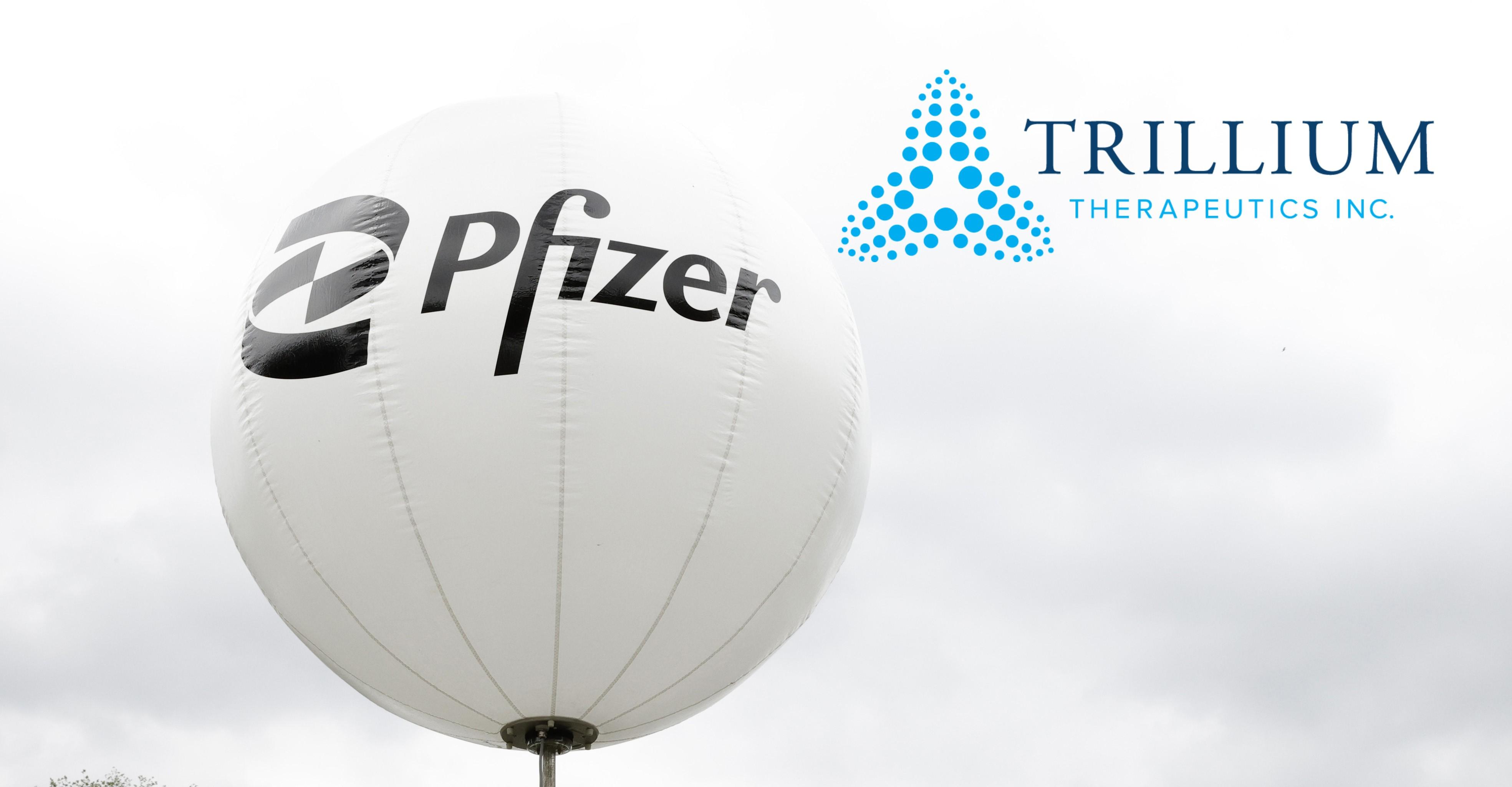 Trillium Therapeutics logo over Pfizer-branded hot air balloon