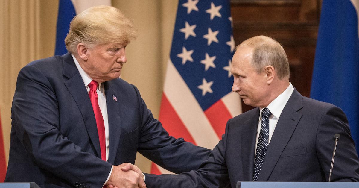 Donald Trump and Vladimir Putin shake hands at the Russian-U.S. summit inHelsiniki, Finland in 2018.