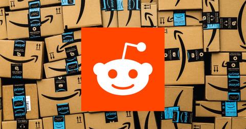 Amazon boxes and Reddit logo
