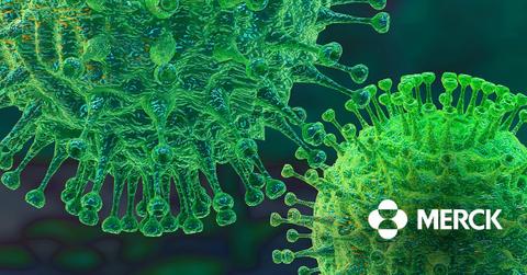Merck logo over virus illustration