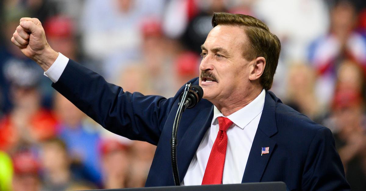 Mike Lindell speaking during a Trump campaign rally on Oct. 10, 2019 in Minneapolis, Minn.