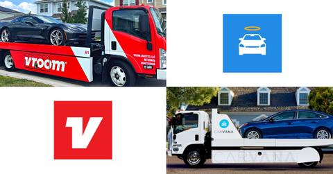 Vroom and Carvana logos and delivery trucks