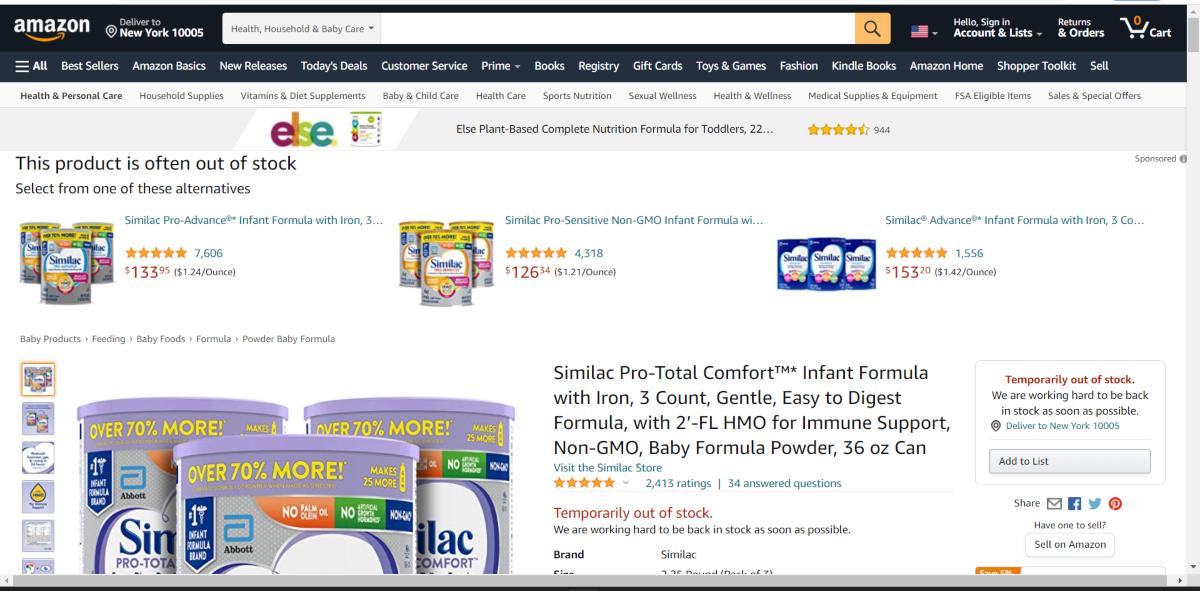 baby formula shortage on amazon