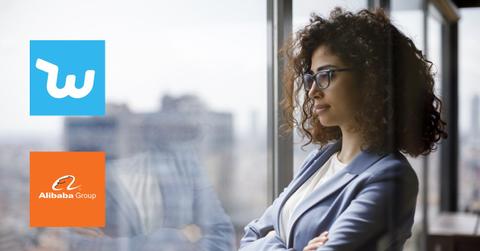 Woman looking out a window and Wish and Alibaba logos
