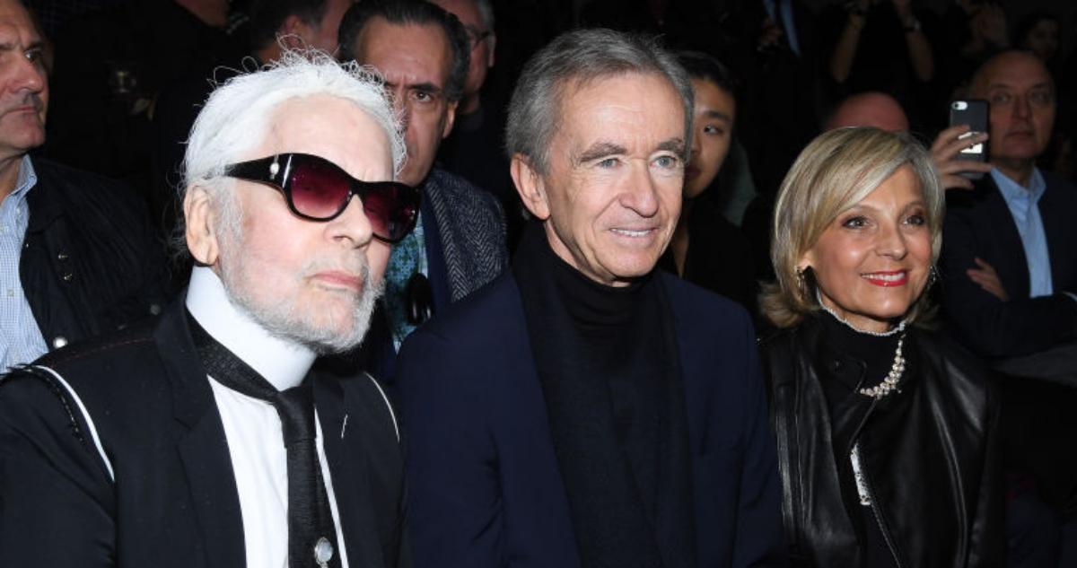 Karl Lagerfeld with Bernard and Helene Arnault at a show during Paris Fashion Week on Jan. 20, 2018