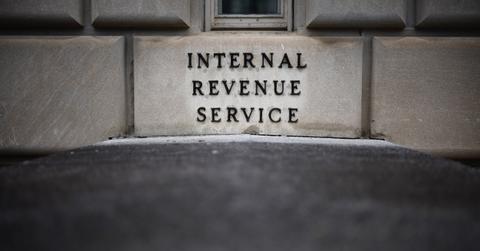 A small sign indicates the headquarters of the Internal Revenue Service.