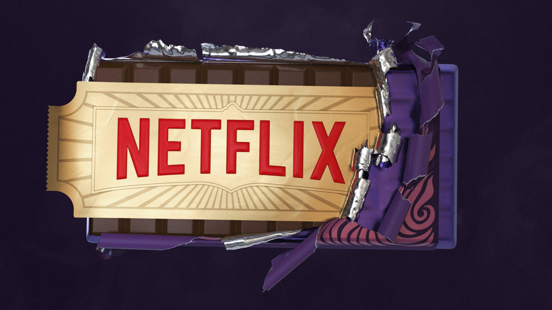 Netflix logo over golden ticket chocolate bar