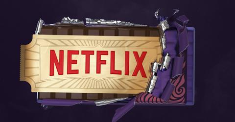 Netflix logo over golden ticket chocolate bar