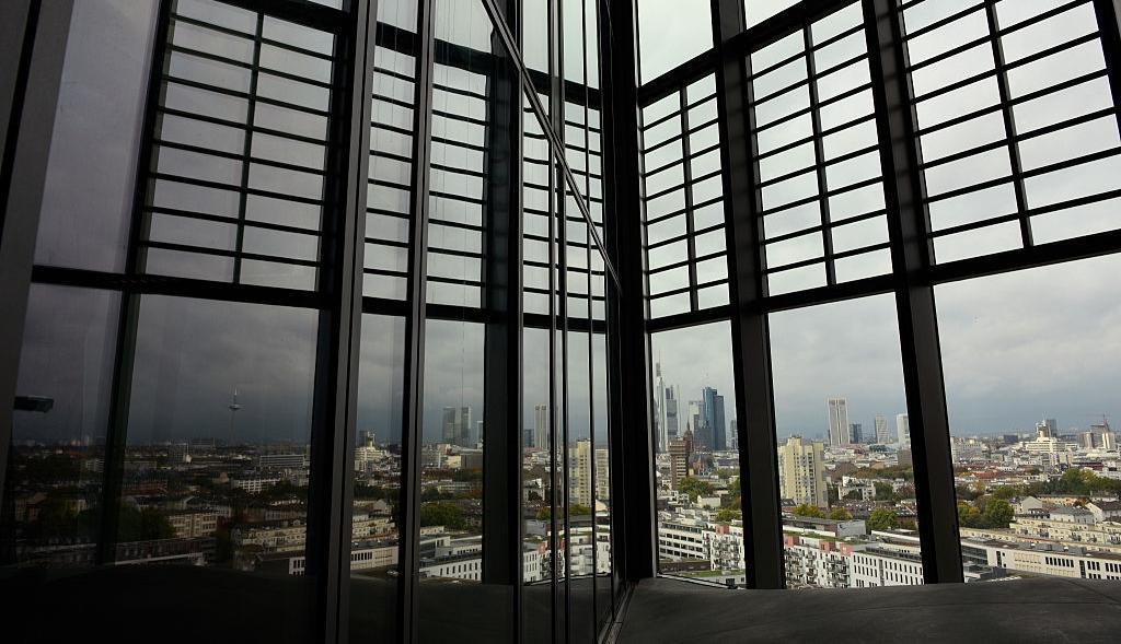 Bank building through window