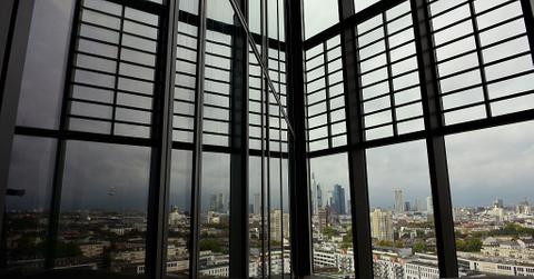 Bank building through window