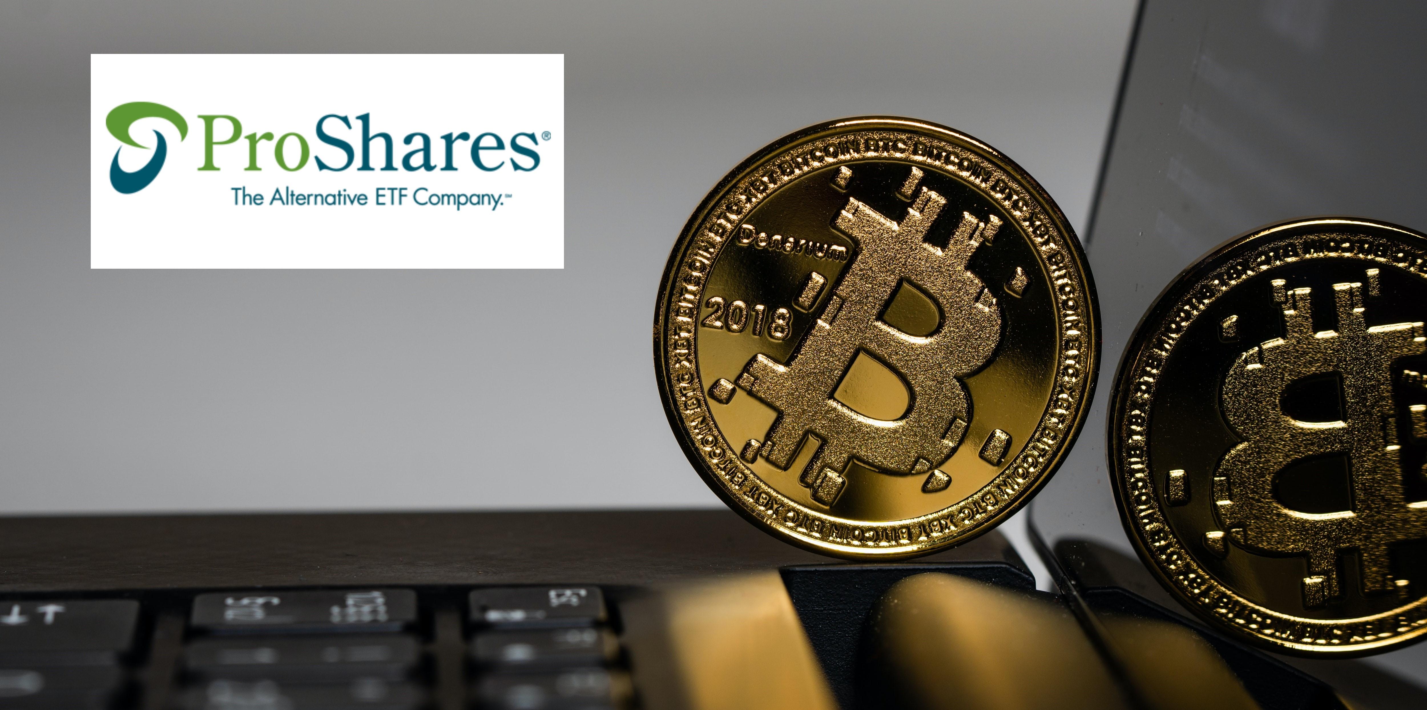 ProShares Trust logo over Bitcoin coin