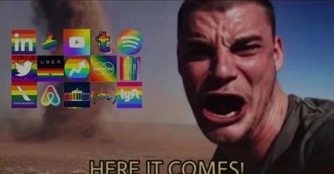 A meme with a solider and pride month corporate logos