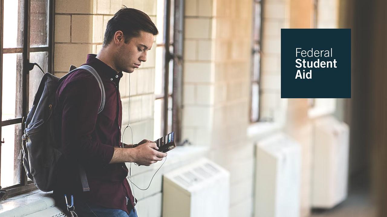 College student looking in his wallet and the Federal Student Aid (FAFSA) logo