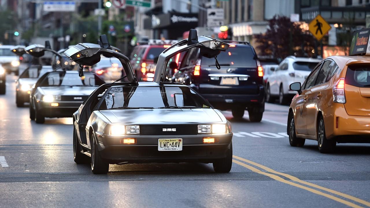 DeLorean cars arriving at the screening of "Framing John DeLorean" in 2019