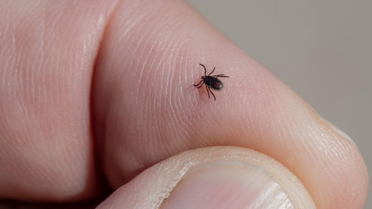 A deer tick on a person's finger