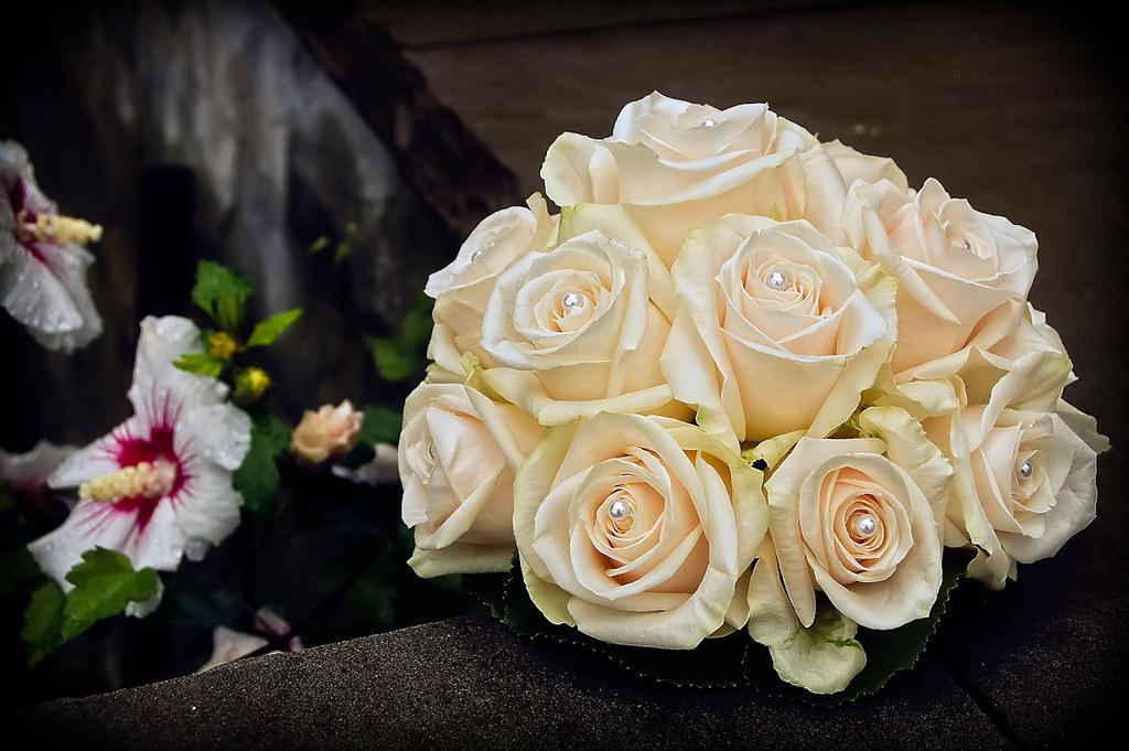 A bouquet of white roses with pearls