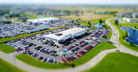 A parking lot at a used-car dealership