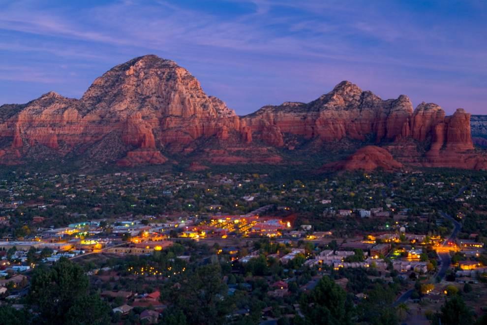 Sedona, Arizona is seen at dusk.