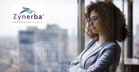 Woman looking out a window and Zynerba logo