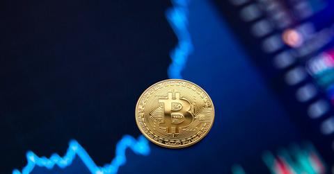 Gold Bitcoin coin with a growth chart in the background