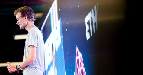 Vitalik Buterin speaking on stage at ETHDenver 2022 conference